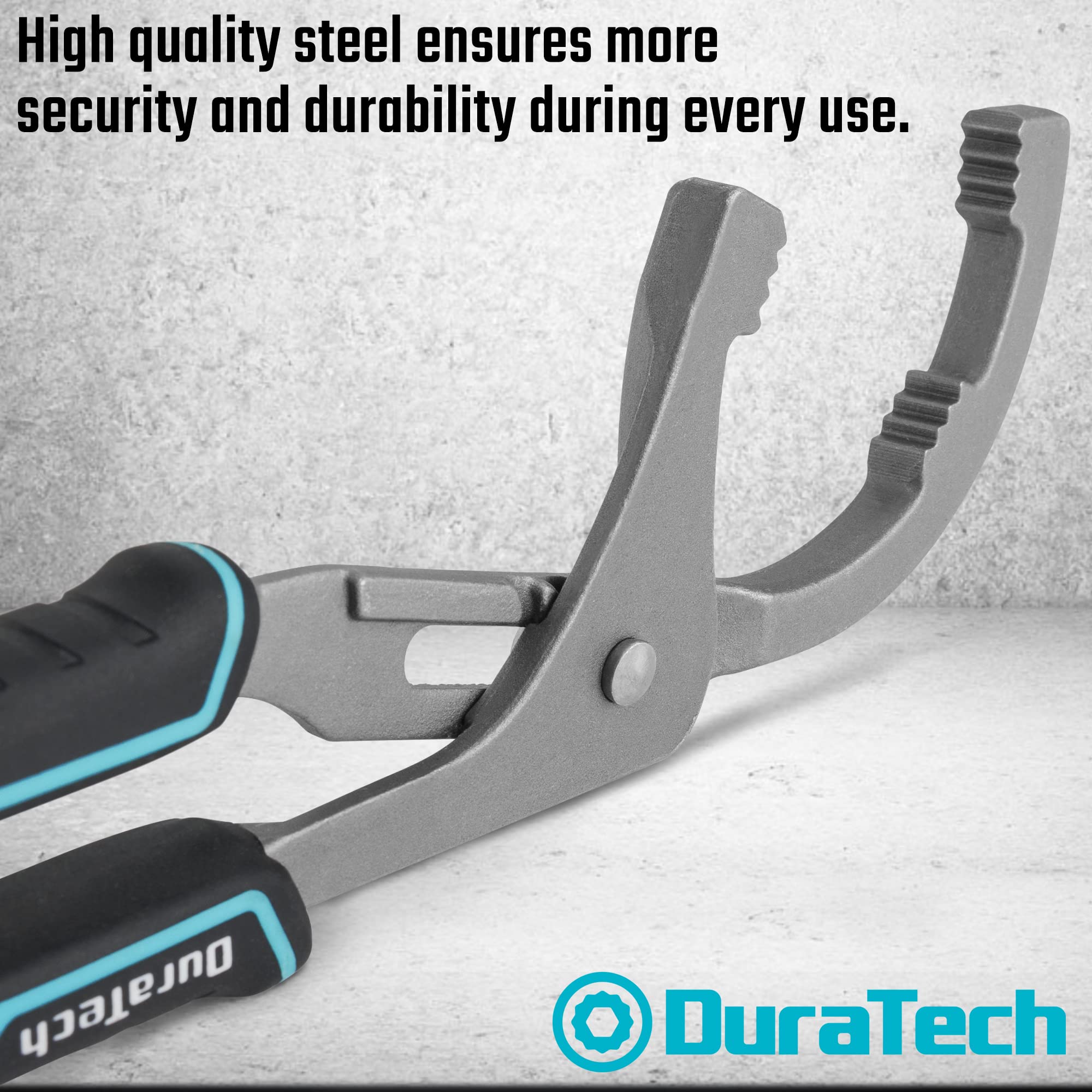 DURATECH pliers removing a motorcycle oil filter showcasing tool in action