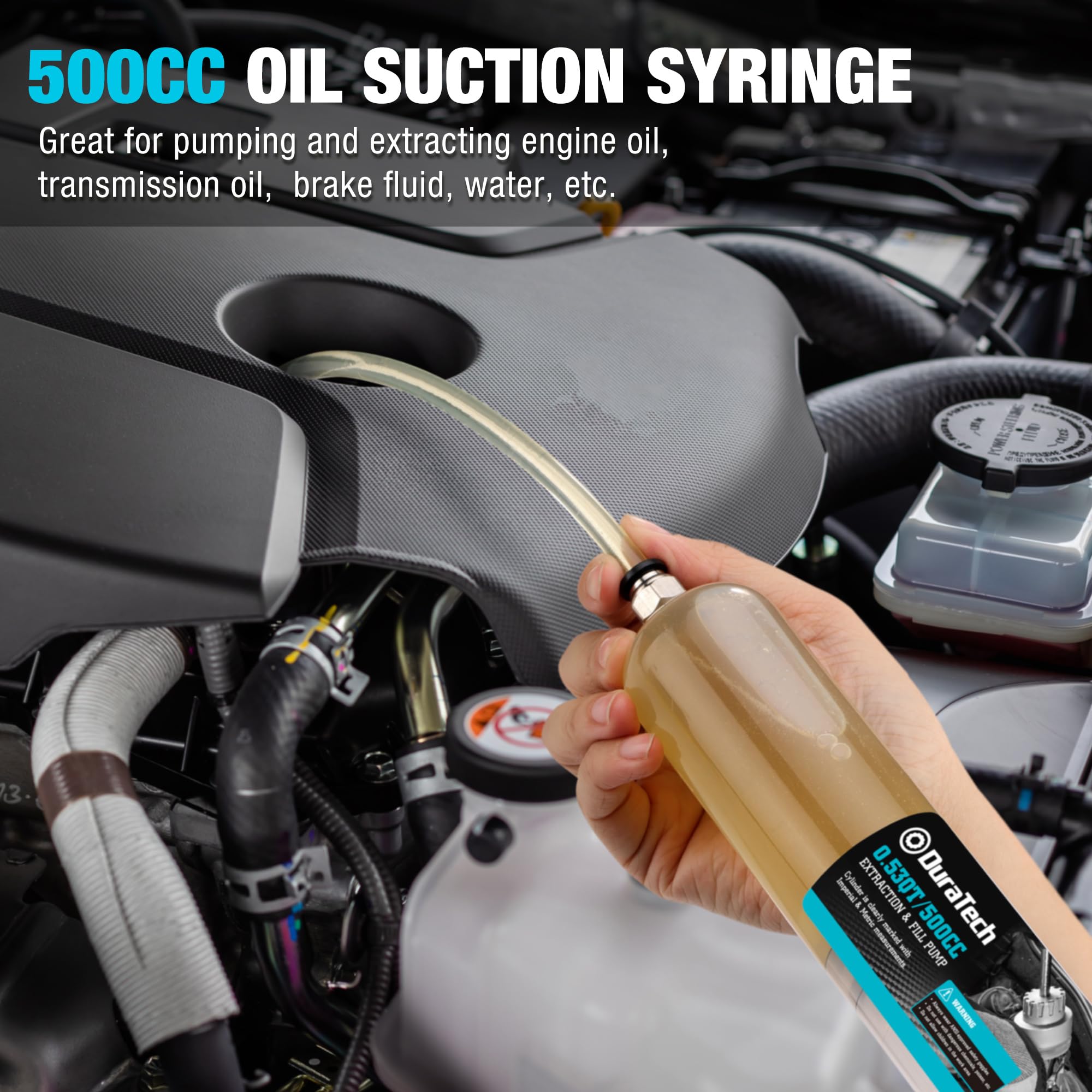 DURATECH extractor beside a hand showing compact 500cc scale and portability