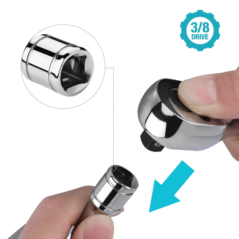 DURATECH sockets beside a 3/8" ratchet showing drive compatibility and scale