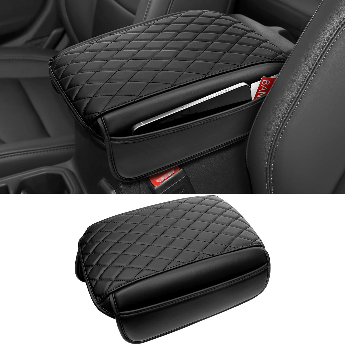 DWKJMYCP front view of console cover showing sleek black leather and fit