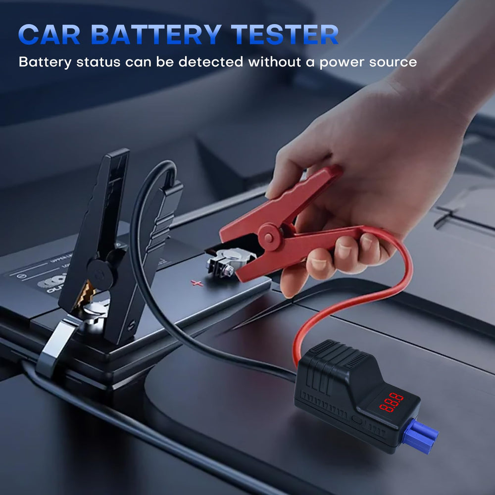 DY Power Sun EC5 clamps attached to a vehicle battery demonstrating quick jump-start use