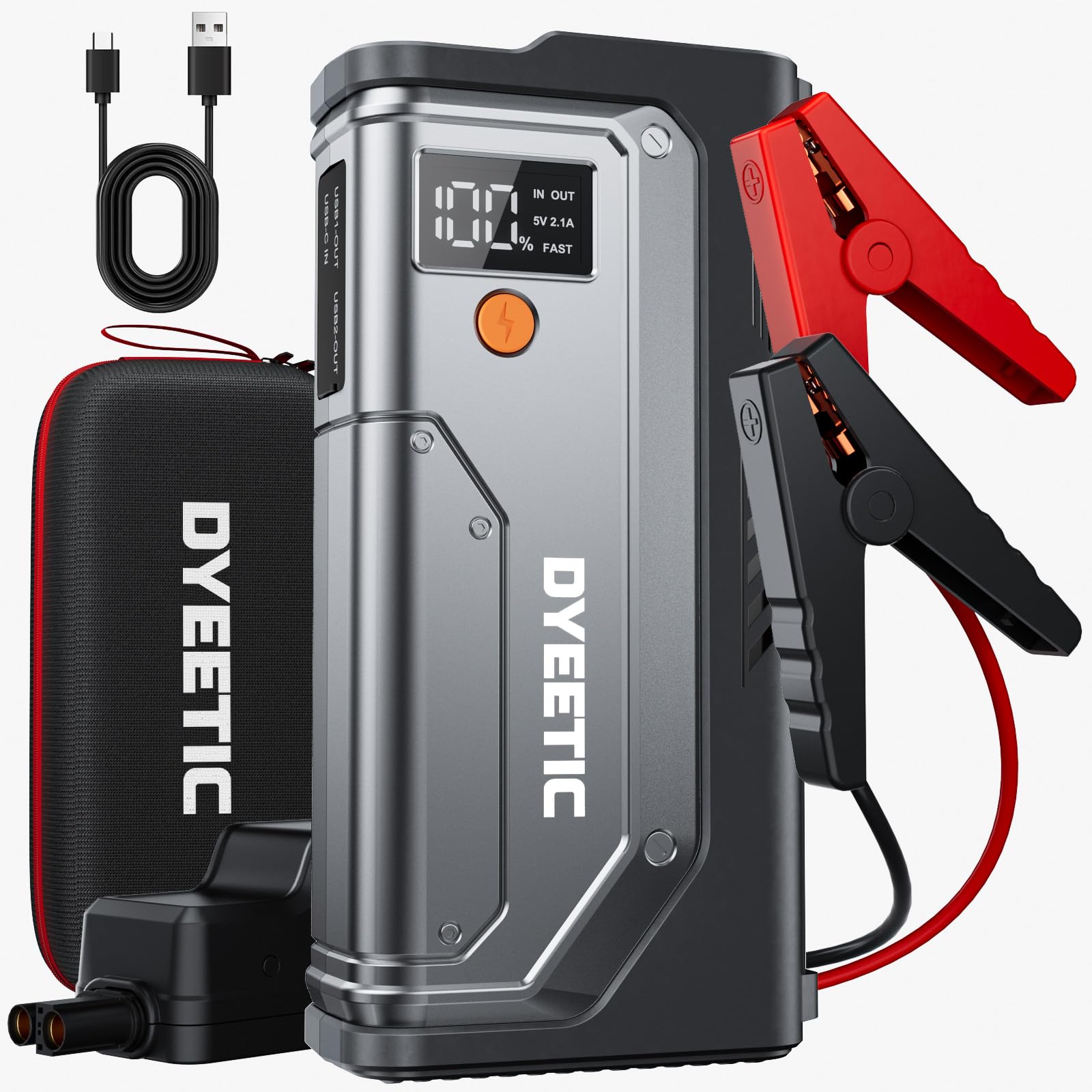 DYEETIC front view showing compact booster and benefits of portability