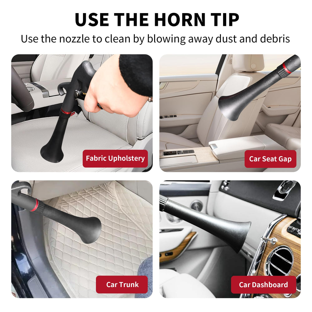 Dynaiency tool blowing dust from car seat upholstery offering efficient interior cleaning