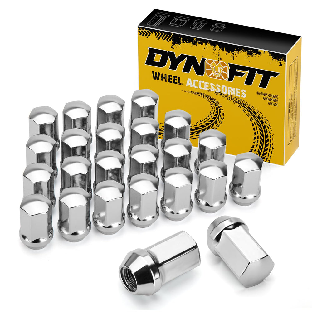 dynofit front packaging showing 24 chrome lug nuts and clear fitment benefit
