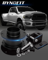 dynofit installed on Ram front view showing leveled stance and improved clearance benefit