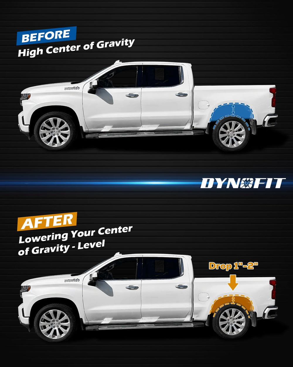 dynofit-equipped truck in driveway showing lowered balanced appearance