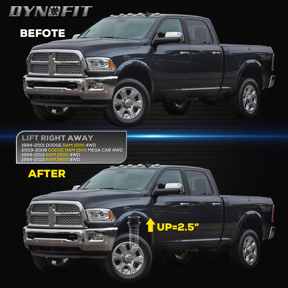 dynofit-equipped Ram truck parked level with lifted front showing enhanced aggressive stance