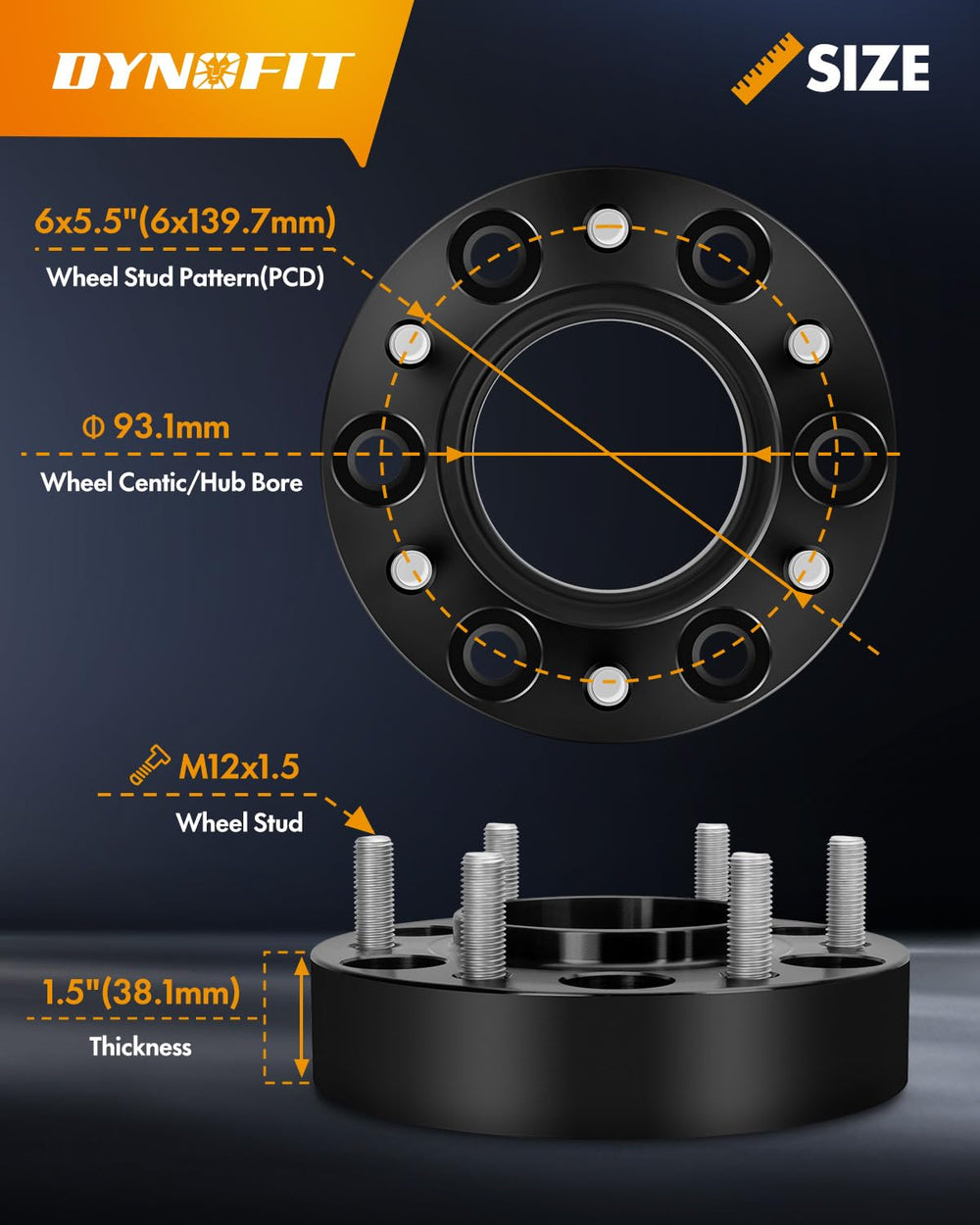 dynofit side profile of spacer shows 1.5 inch thickness for added wheel clearance benefit