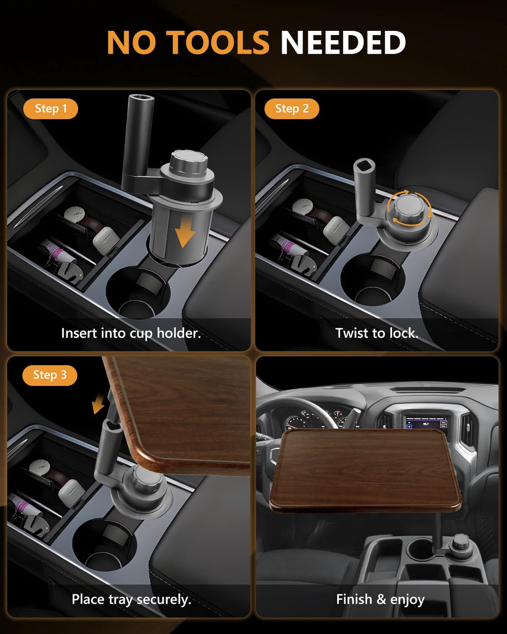 DYNVEX holding laptop on tray in parked Tesla, enables productive mobile work sessions