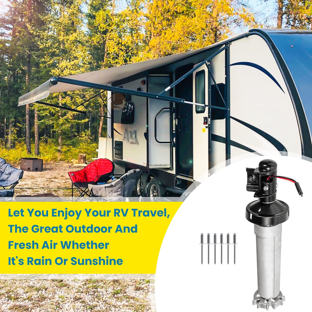 E-cowlboy assembly installed in RV awning for smooth extend and retract operation