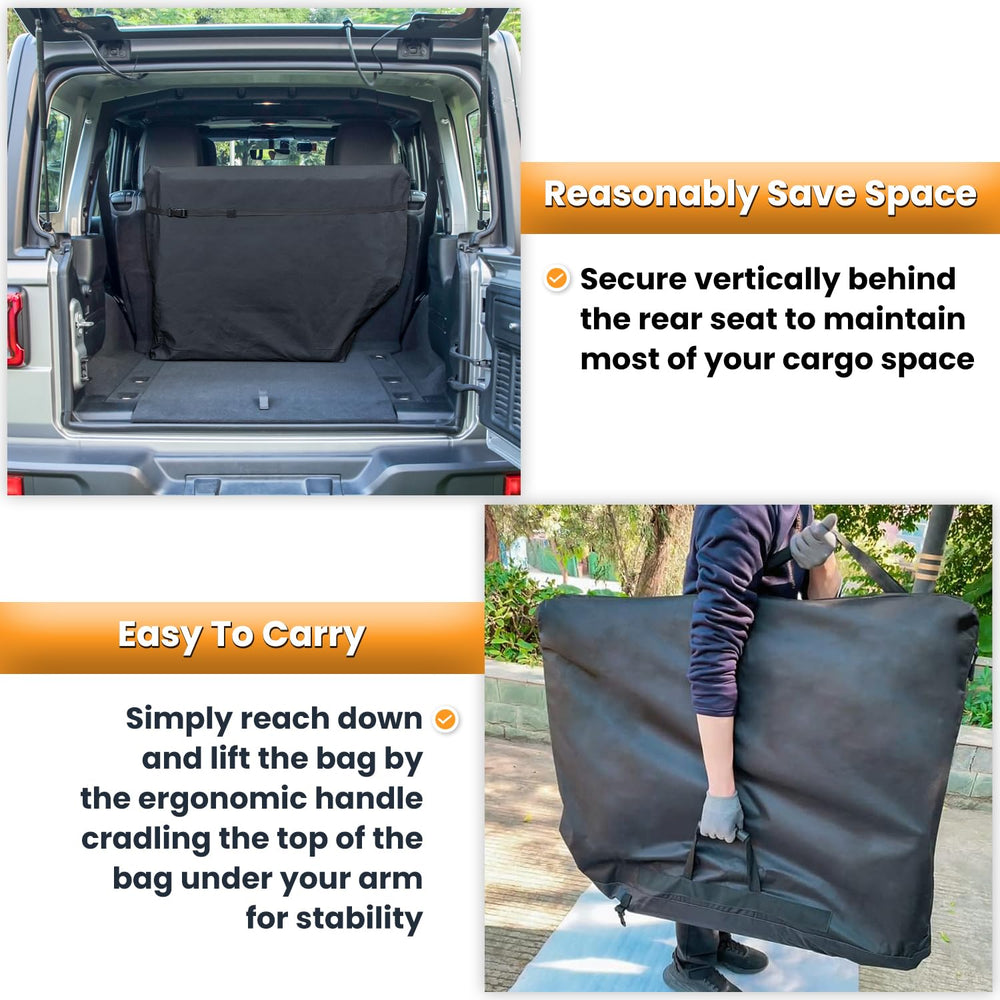 E-cowlboy bag mounted vertically behind seats saving cargo space in a Jeep
