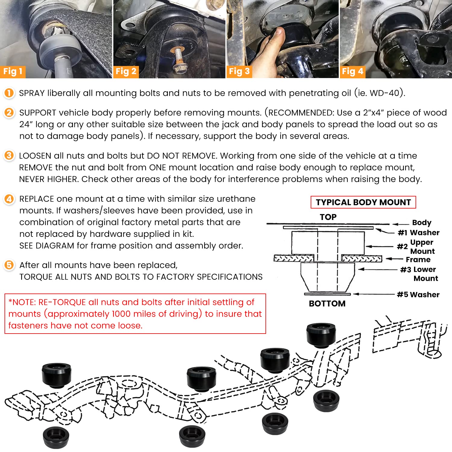 E-cowlboy mounts installed on truck frame restoring alignment and NVH