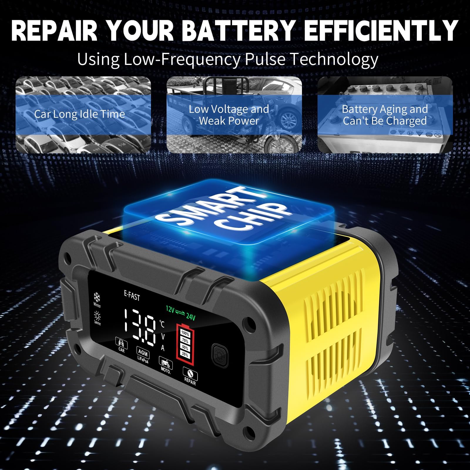 E-FAST connected to a car battery under hood, fast restore benefit