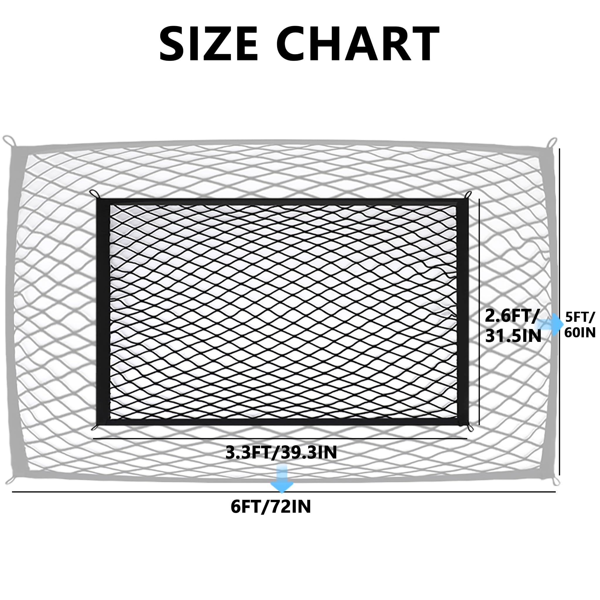 E KAINI cargo net beside ruler showing stretch range and accurate size fit