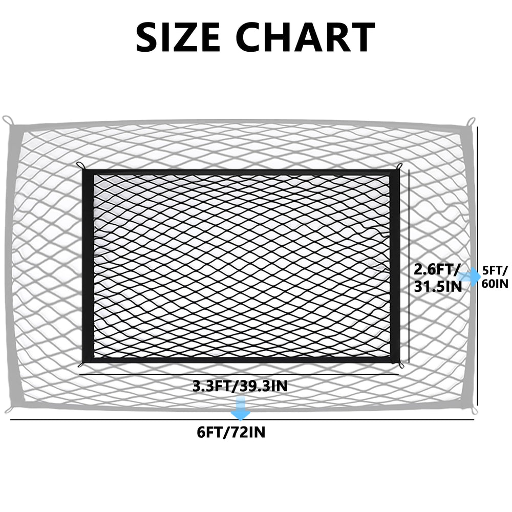 E KAINI cargo net beside ruler showing stretch range and accurate size fit