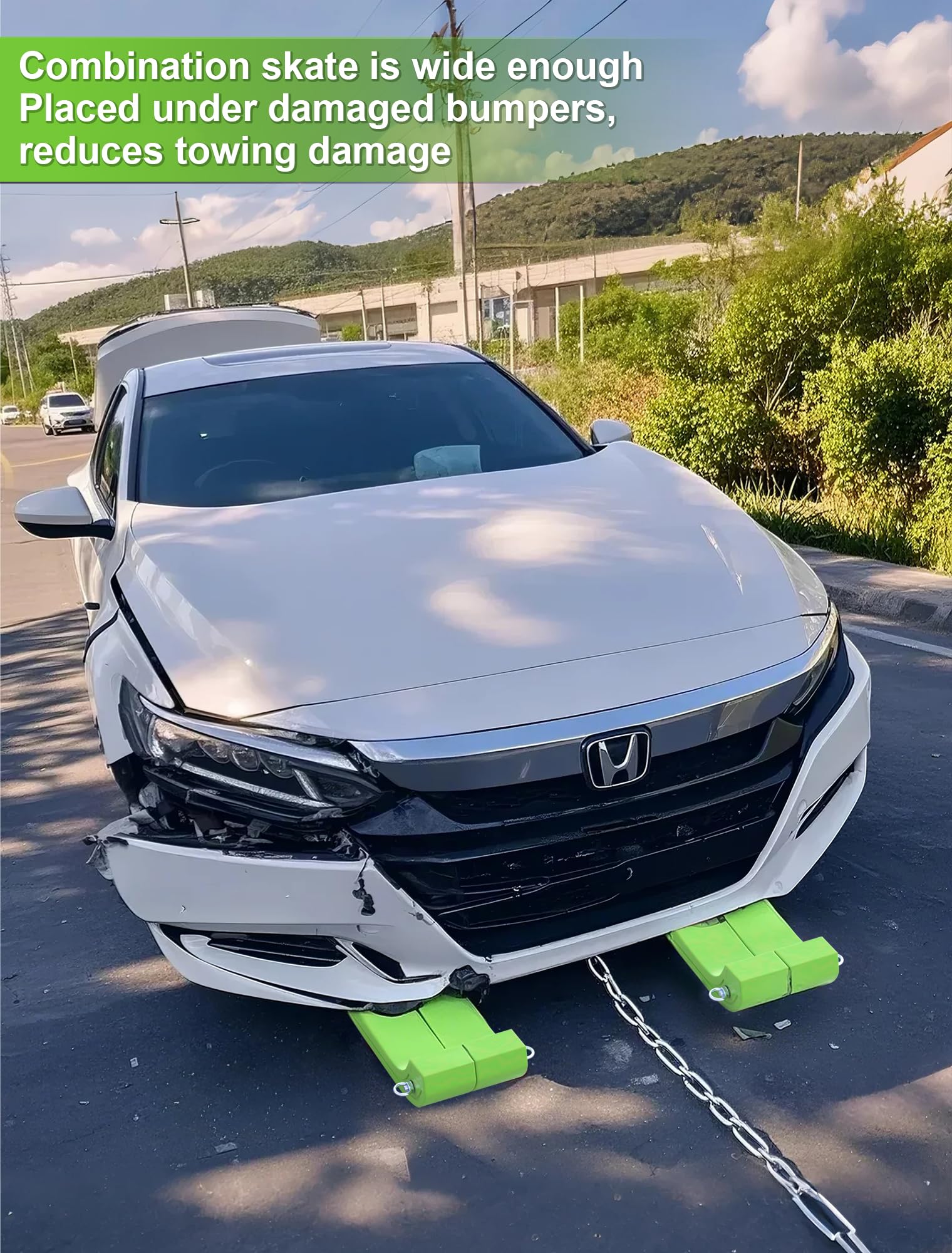 E-SDS skates placed under a vehicle wheel during loading, secures wheel for towing