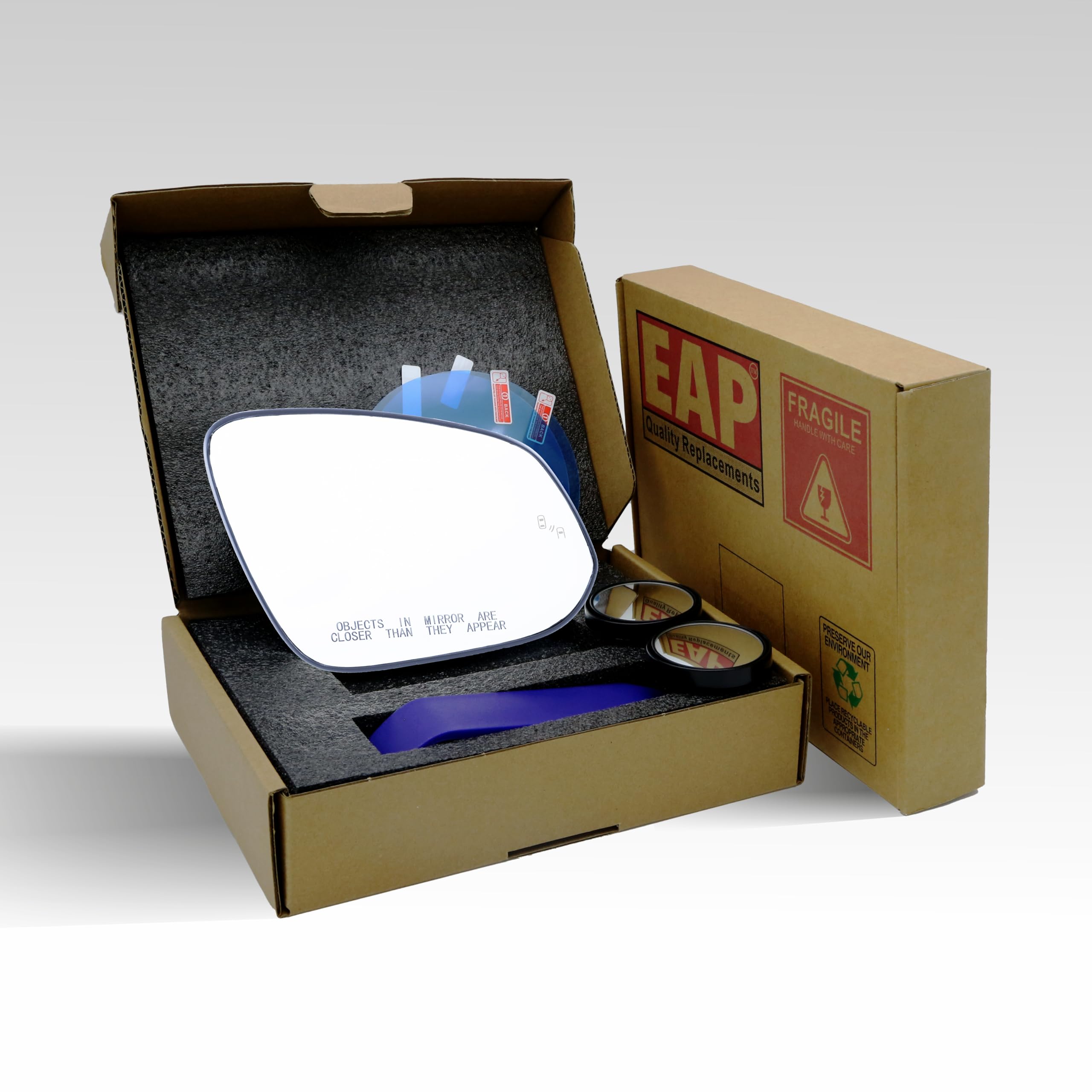 EAP package with pry tool, anti-fog film and two 2-inch spotter mirrors for easy installation