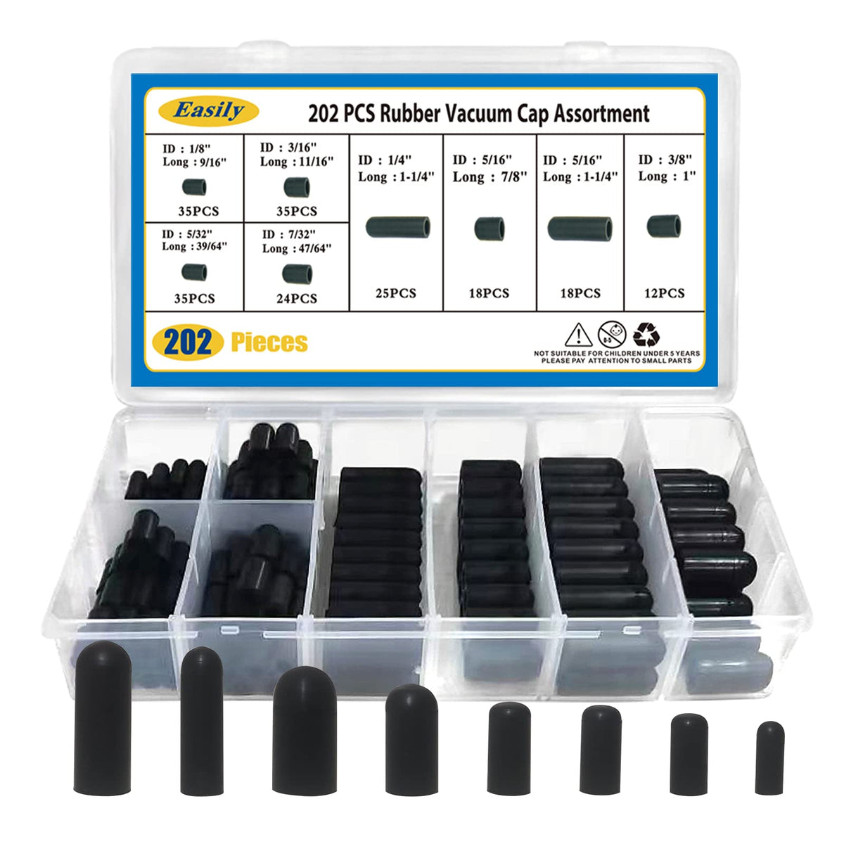 Easily brand front view of organized 202-piece vacuum cap kit for quick selection