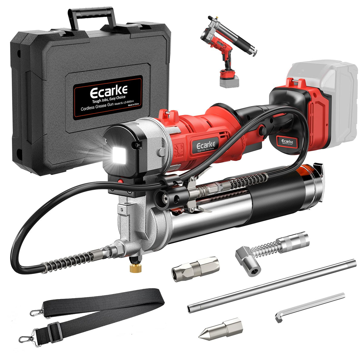 Ecarke grease gun front profile showing compact design and portability benefit