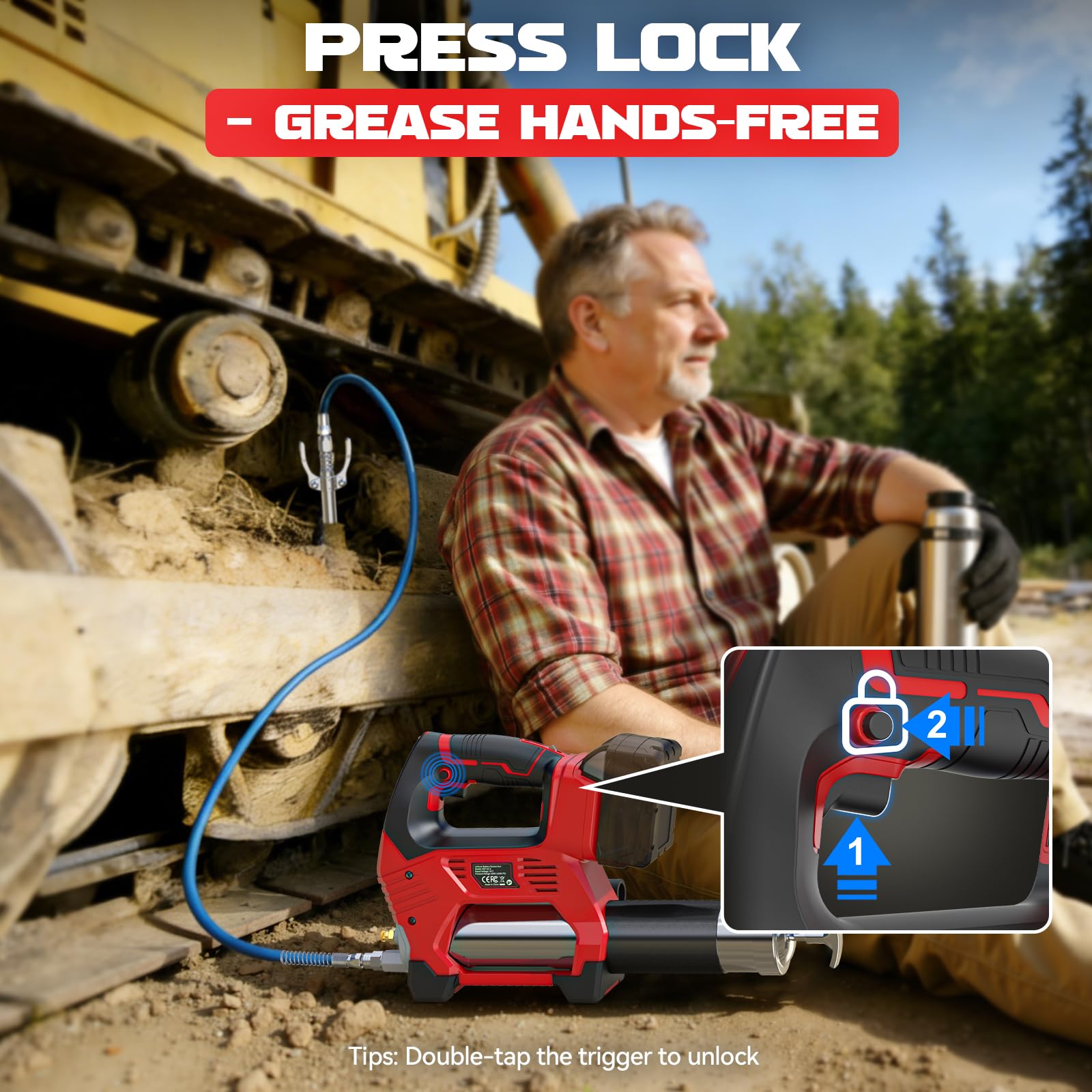 Ecarke in use on tractor grease point demonstrating fast, high-pressure lubrication