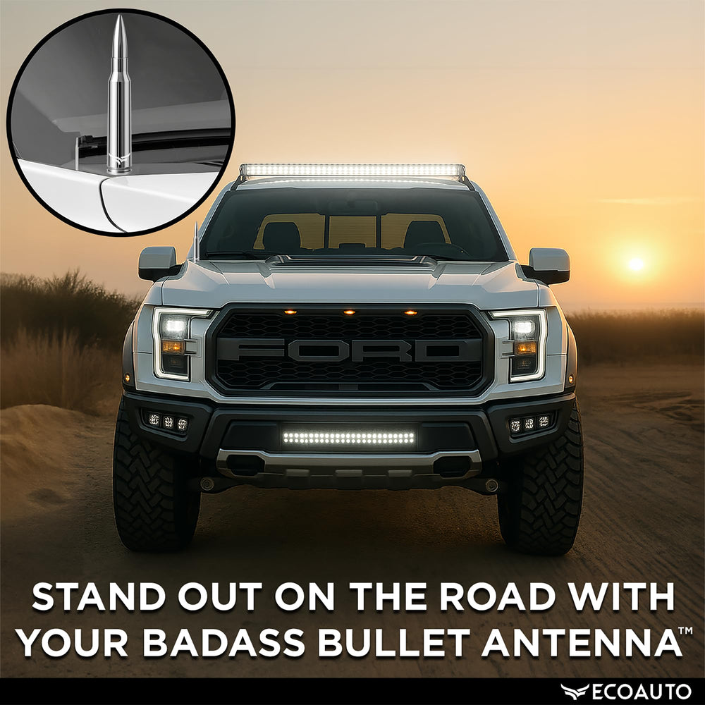 EcoAuto antenna on parked truck showing style fitment in everyday settings