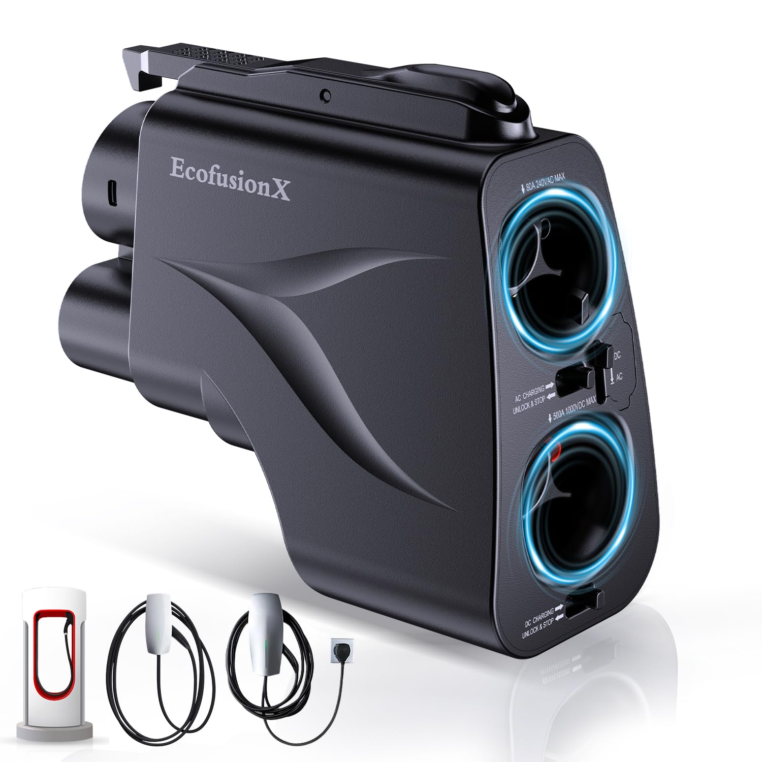 EcofusionX adapter front view showing ports and robust casing for reliable charging