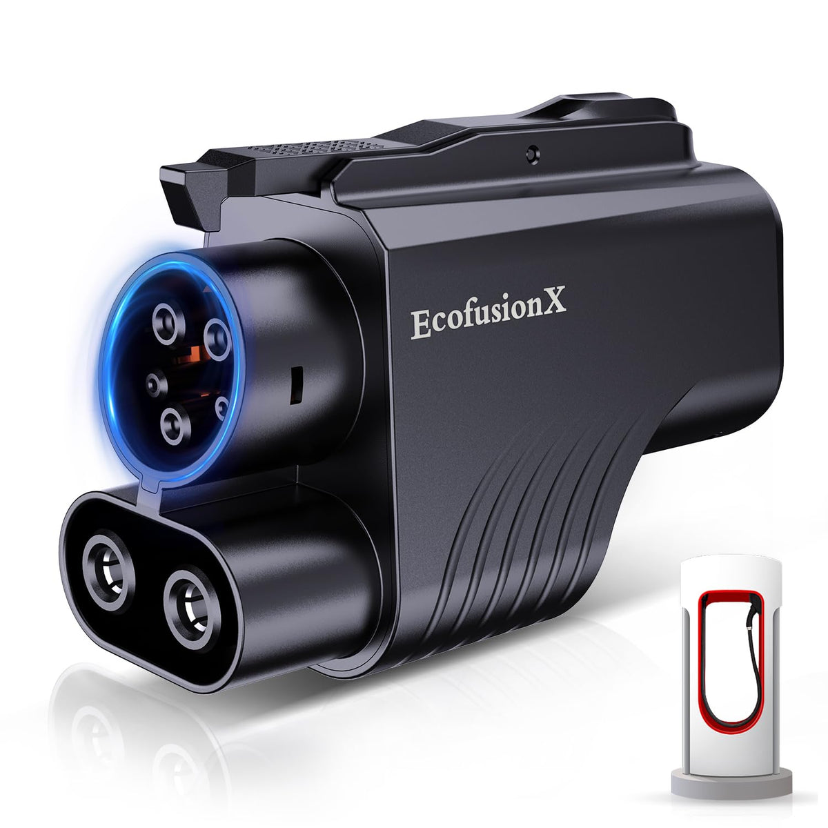 EcofusionX adapter front view showing connector and robust housing for safe charging