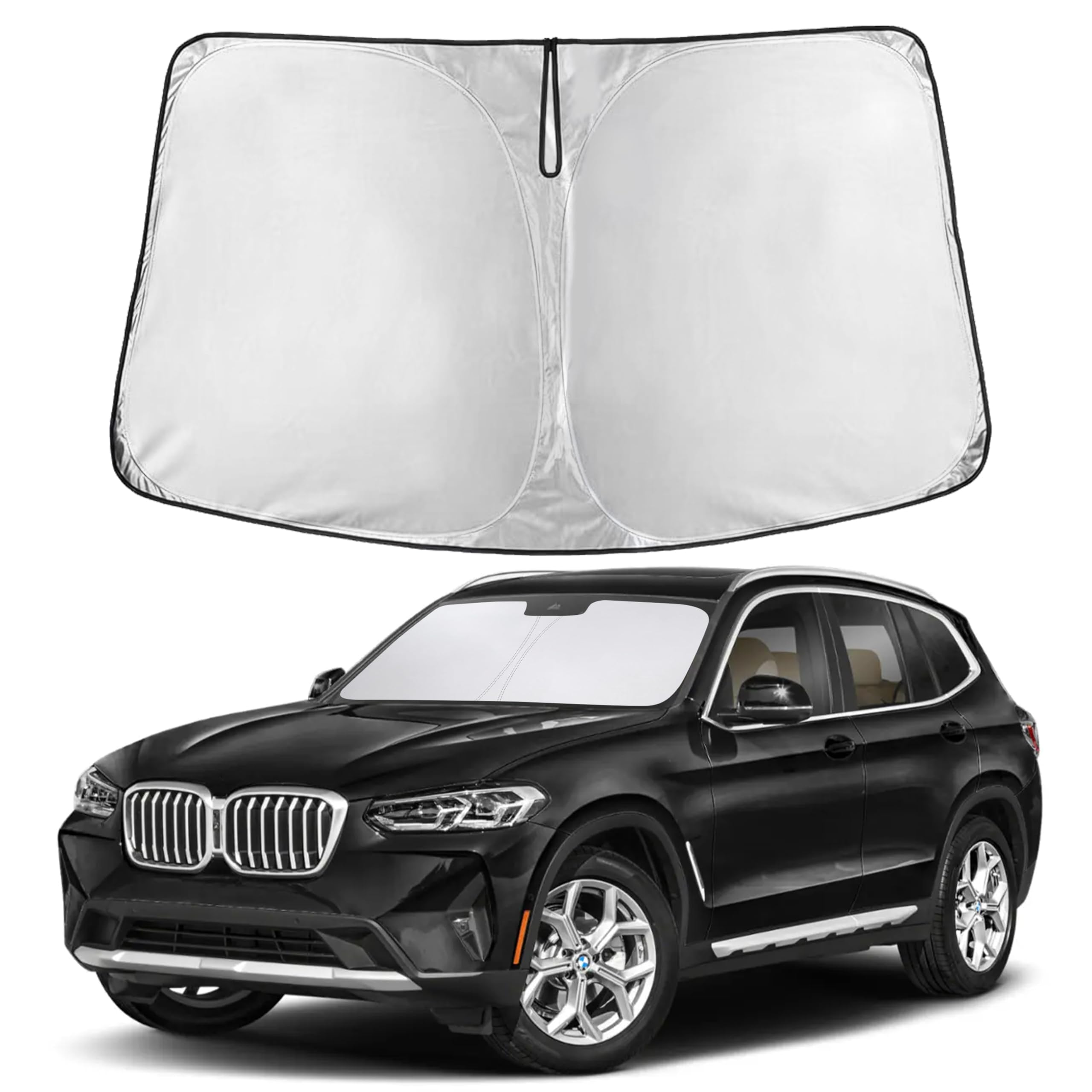 EcoNour sunshade front view shows precise BMW X3 fit and full coverage benefit