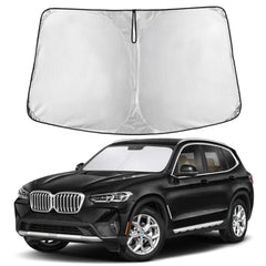 EcoNour sunshade front view shows precise BMW X3 fit and full coverage benefit