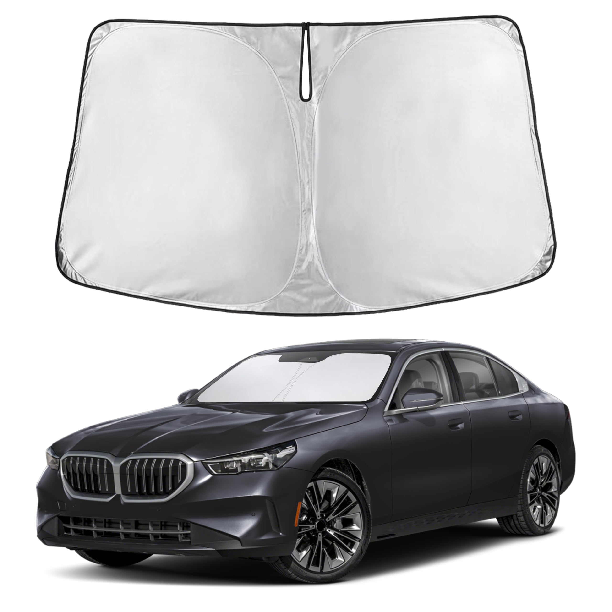 EcoNour front view sunshade fitted on BMW 5 Series windshield showing full coverage
