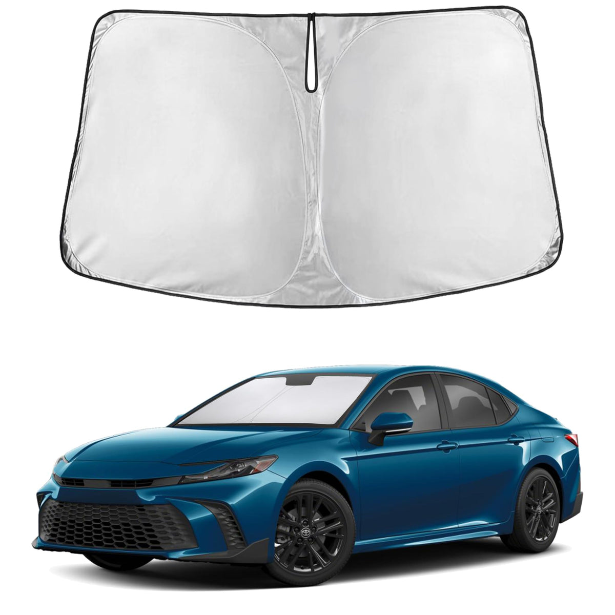 EcoNour front view of Camry-fit sunshade showing full windshield coverage and cooling benefit
