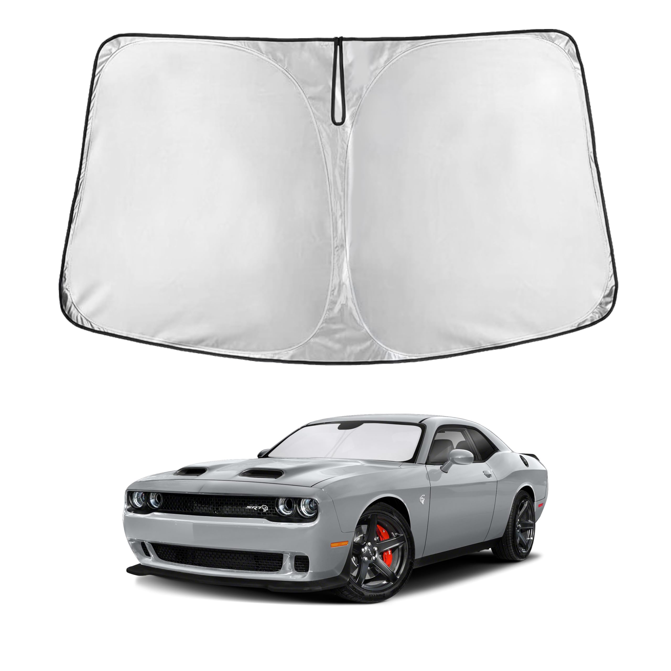 EcoNour front view of sunshade covering Dodge Challenger windshield for full protection