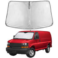 EcoNour front view on Chevrolet Express showing full windshield coverage and heat reduction