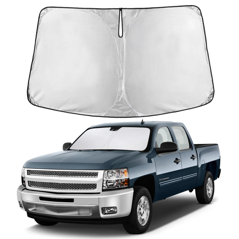 EcoNour front view fitted on Silverado windshield showing full coverage benefit