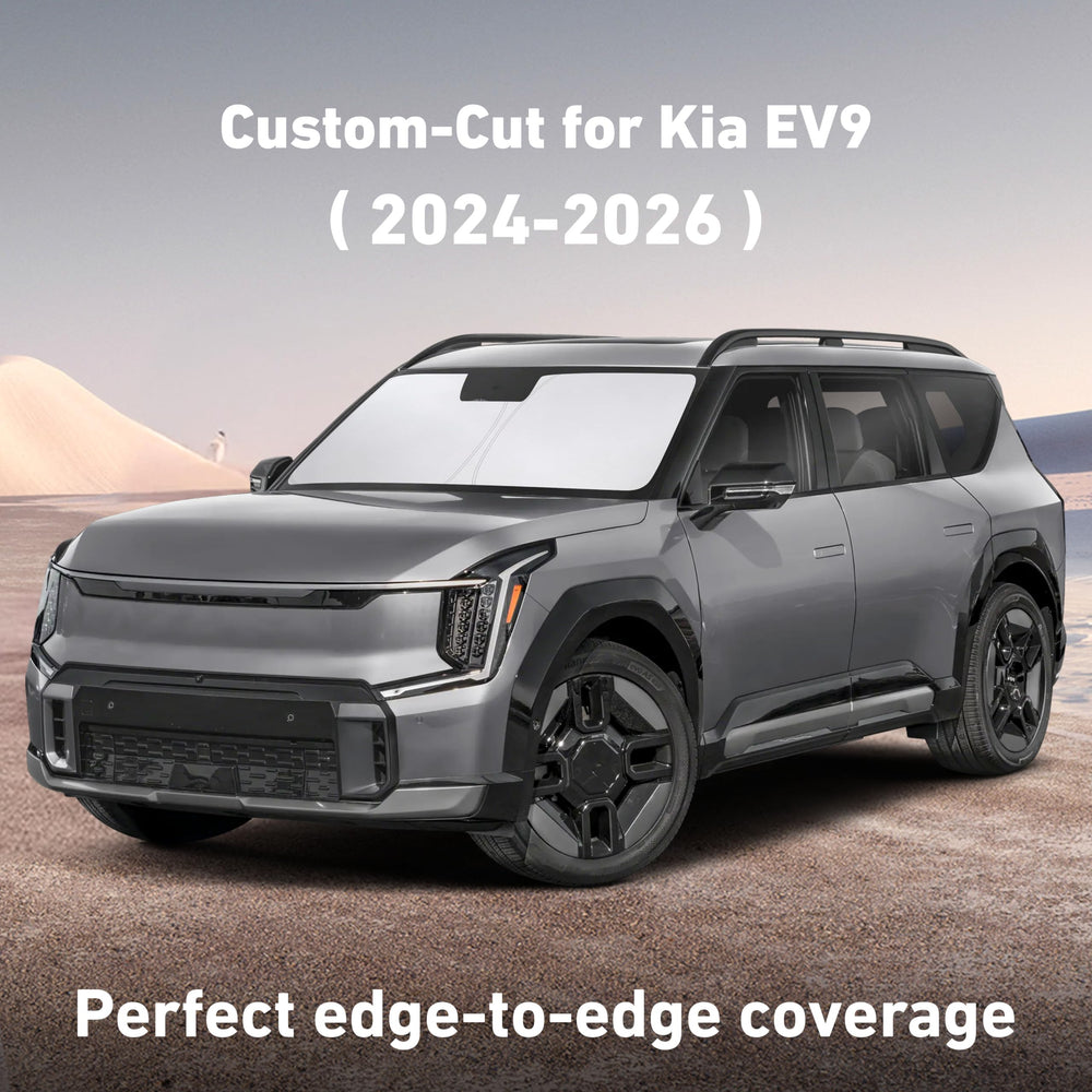 EcoNour sunshade fitted on Kia EV9 windshield for exact coverage