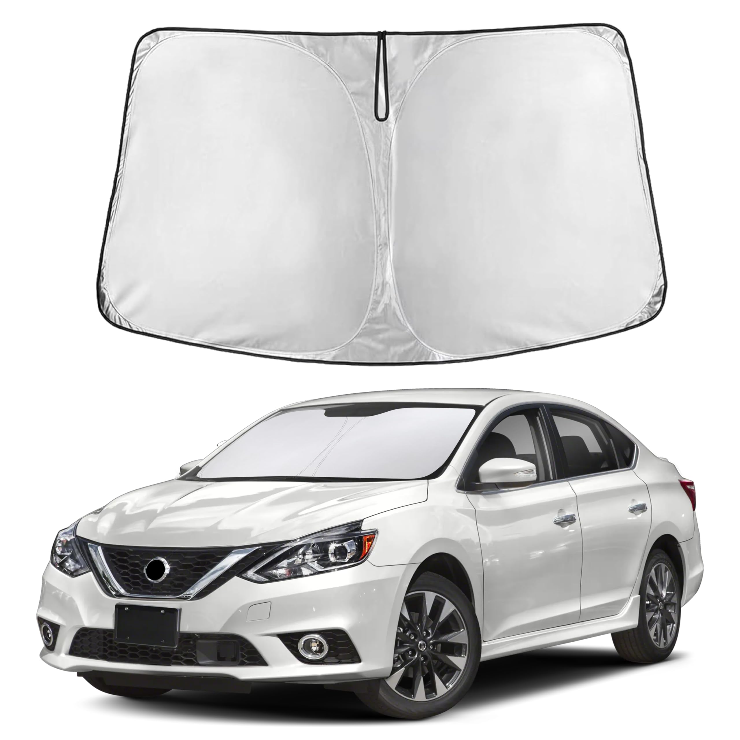 EcoNour front-fit on Sentra windshield showing full coverage and sun blocking benefit