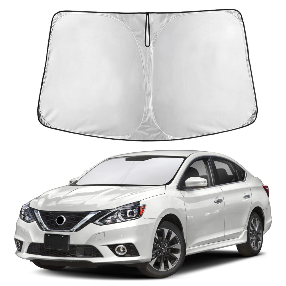 EcoNour front-fit on Sentra windshield showing full coverage and sun blocking benefit