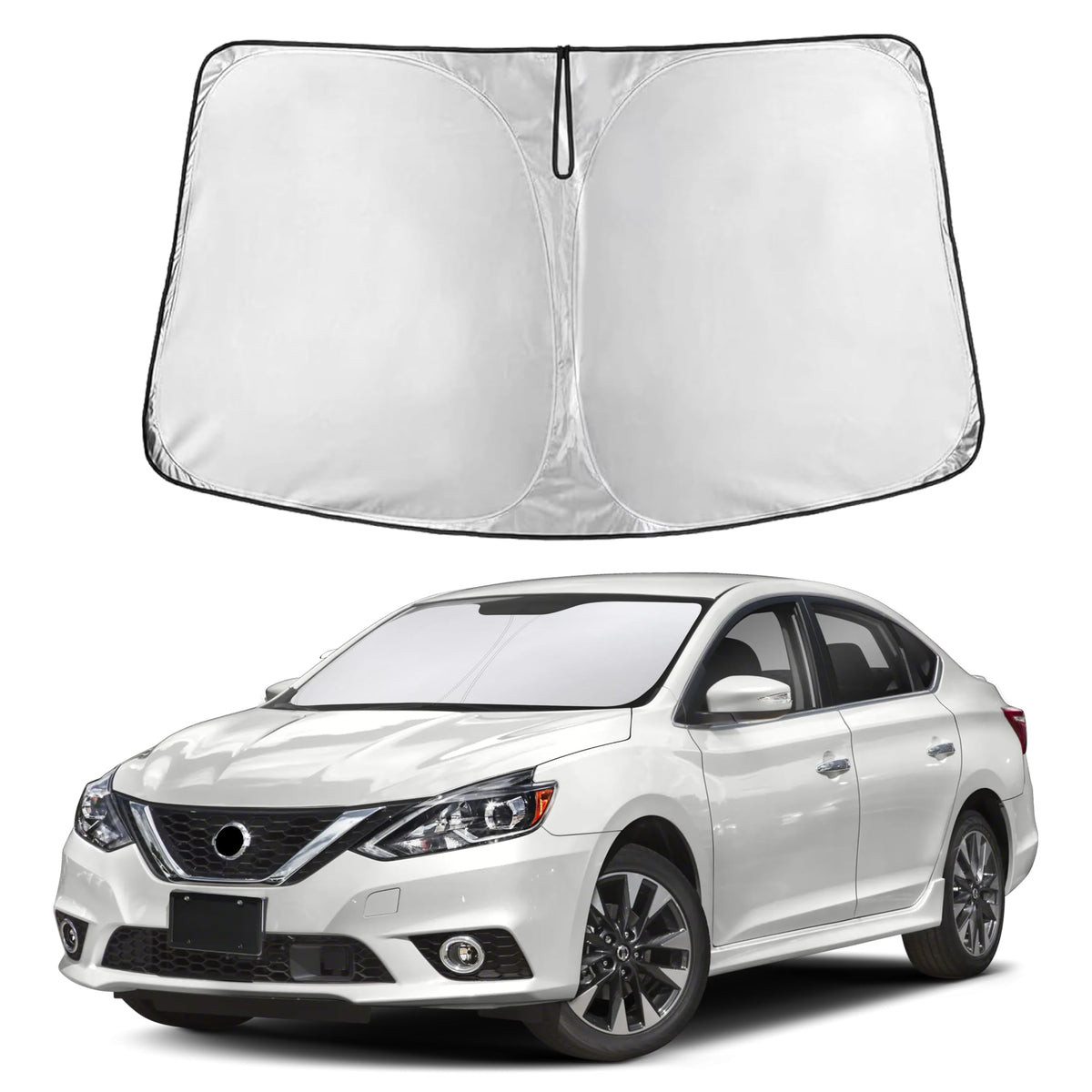 EcoNour front-fit on Sentra windshield showing full coverage and sun blocking benefit