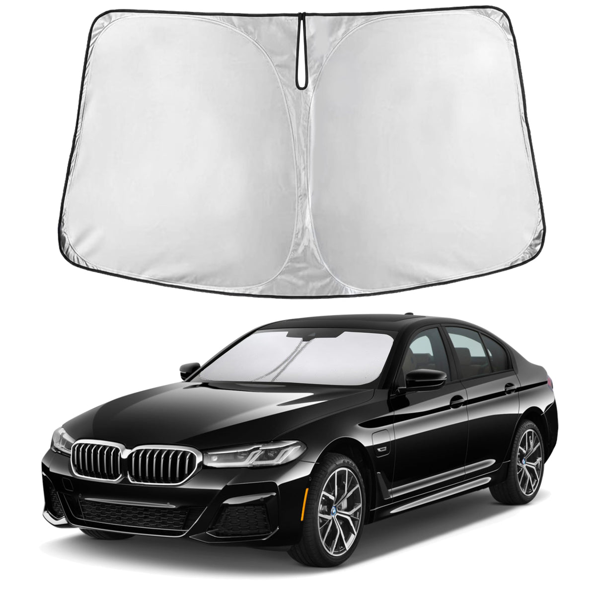 EcoNour sunshade front fitment on BMW 5 Series G30 G31 showing exact coverage and protection