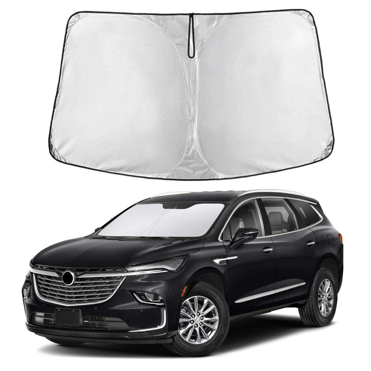 EcoNour front view of sunshade showing full windshield coverage and neat fit