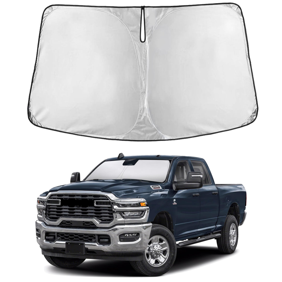 EcoNour front view of sunshade packaged for Dodge Ram showing fit and coverage benefit