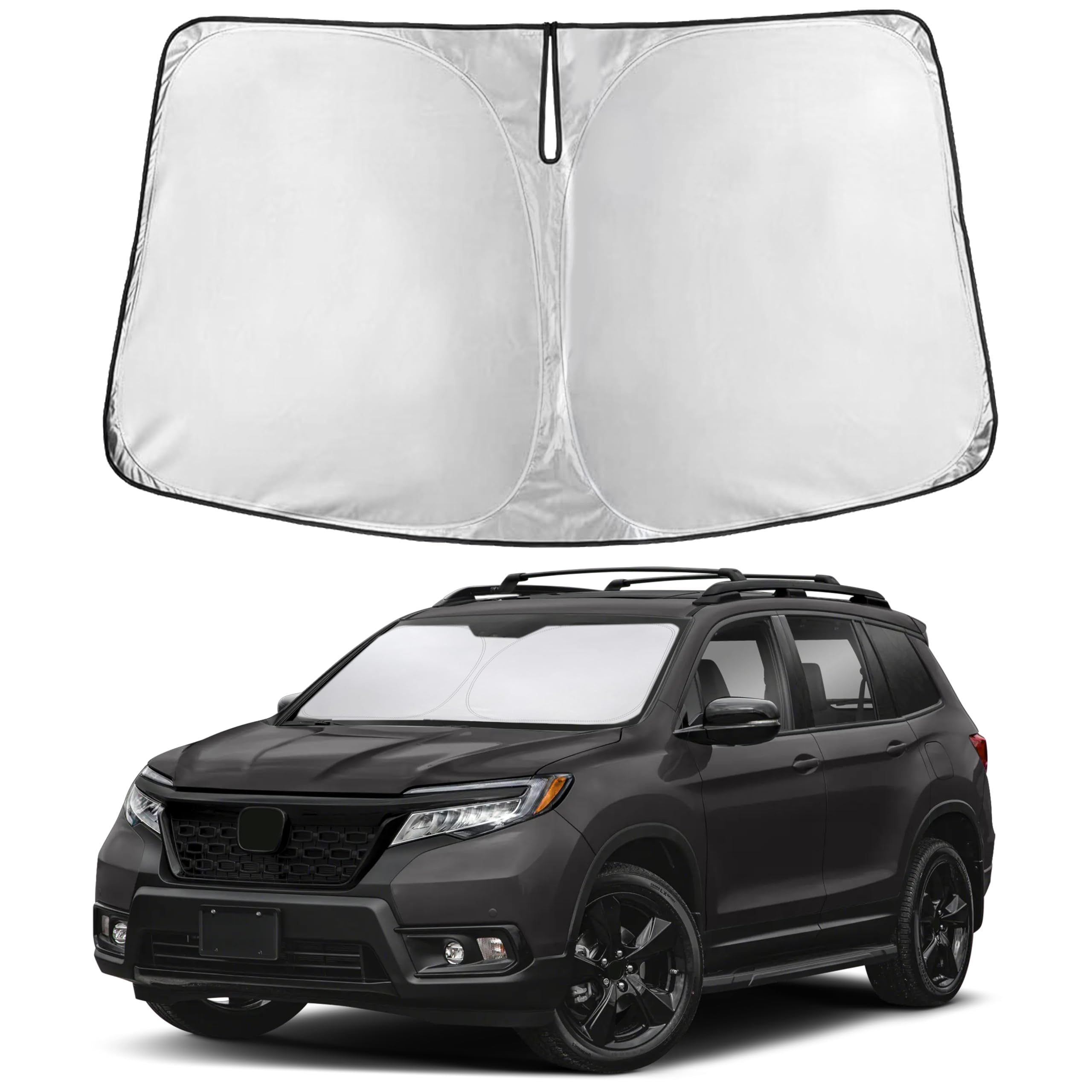 EcoNour front view of sunshade fitted showing full windshield coverage benefit