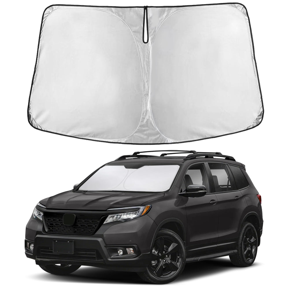EcoNour front view of sunshade fitted showing full windshield coverage benefit