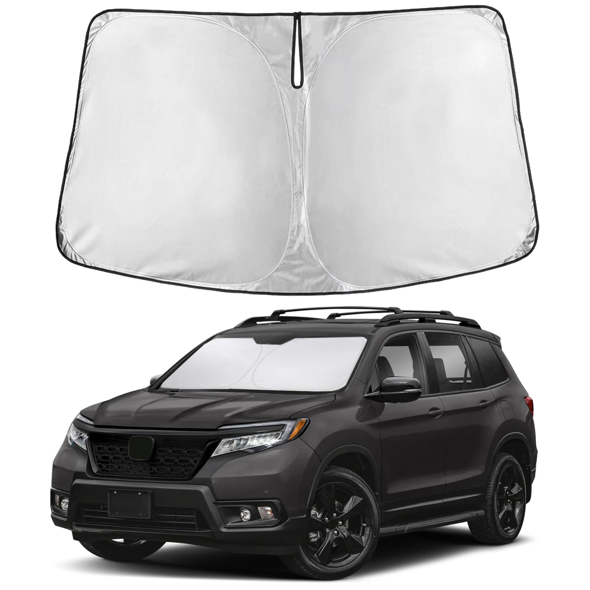 EcoNour front view of sunshade fitted showing full windshield coverage benefit