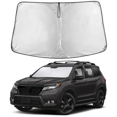 EcoNour front view of sunshade fitted showing full windshield coverage benefit