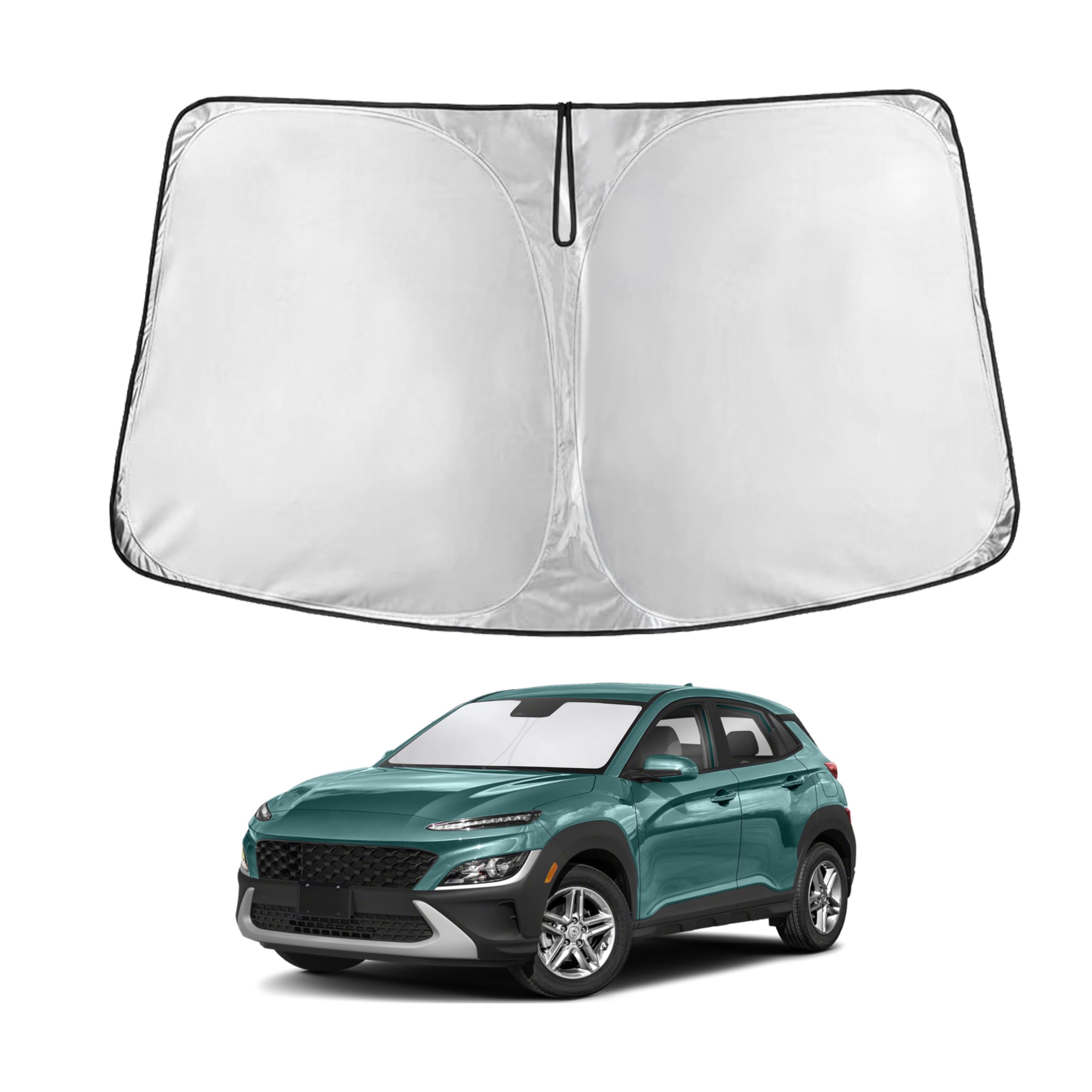 EcoNour front view of sunshade on Hyundai Kona showing full windshield coverage and protection