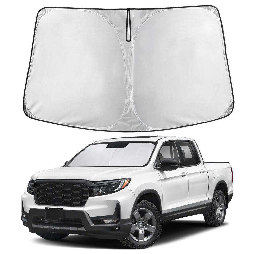 EcoNour front view of shade on Ridgeline windshield showing full coverage and protection