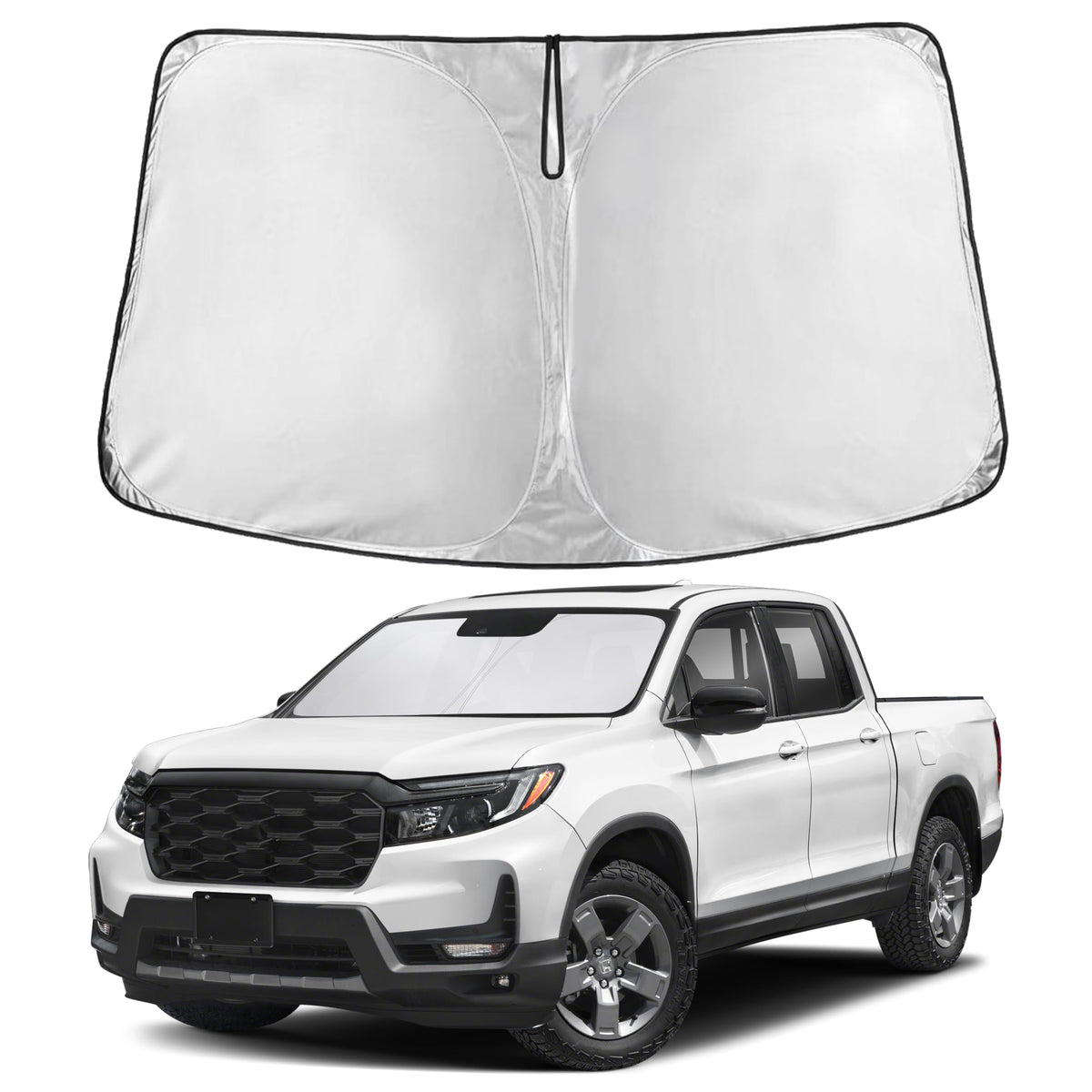 EcoNour front view of shade on Ridgeline windshield showing full coverage and protection