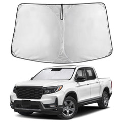 EcoNour front view of shade on Ridgeline windshield showing full coverage and protection
