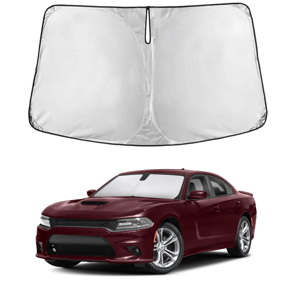 EcoNour front view of sunshade showing full windshield coverage benefit
